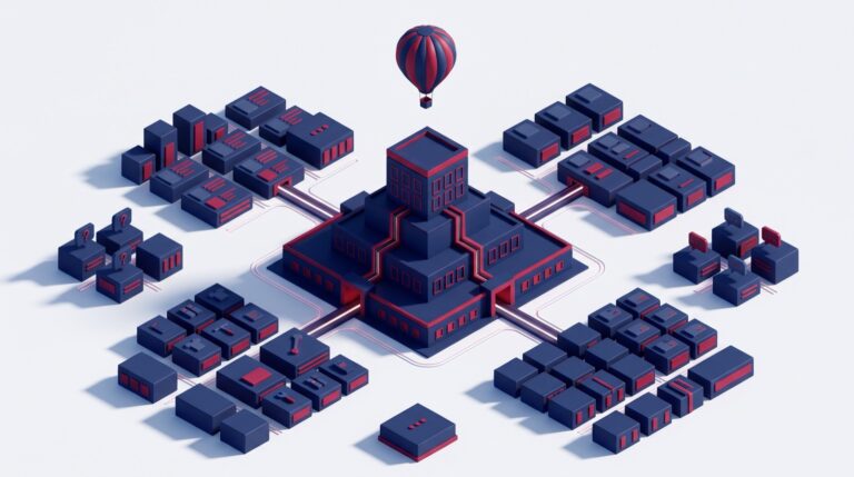 3D-Illustration eines Content-Hubs mit vernetzten Website-Bereichen und KI-lesbarer Struktur.