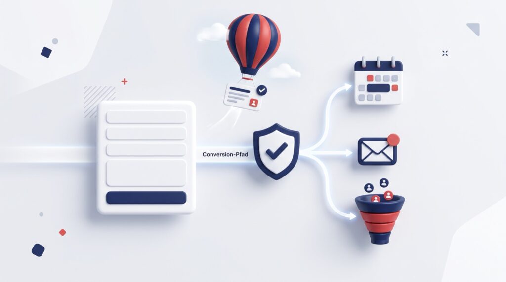 3D-Illustration einer Website-Lead-Strecke mit Formular, Consent, E-Mail und CRM-Signal.