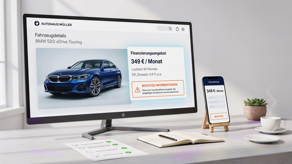 Autohaus prüft Fahrzeugfinanzierung mit Monatsrate und Warnhinweis auf Desktop und Smartphone