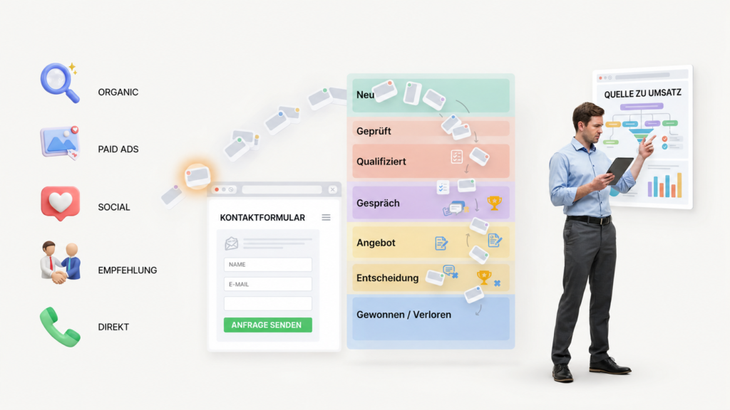 Illustration zur Verbindung von Leadquellen, Vertriebsstatus und Auftrag