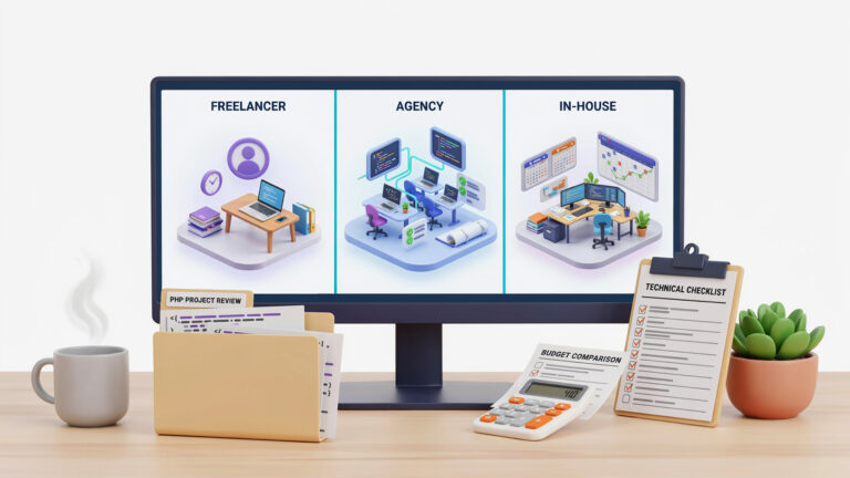 PHP-Entwickler beauftragen: Vergleich von Freelancer, Agentur und Festanstellung anhand von Kosten, Aufgaben und Projektumfang
