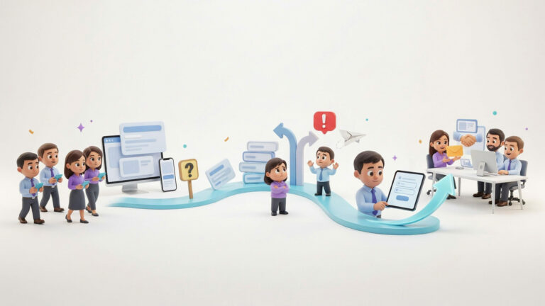 3D-Illustration: Website-Besucher, Kontaktaufnahme und Bearbeitung einer Anfrage als verbundener Prozess